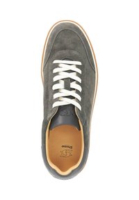 Men's sneaker in dark gray suede with white laces, rubber sole, and leather accents. Features a round toe and minimal branding inside.
