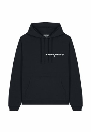 Haut à capuche noir avec grande poche avant, cordon de serrage, et logo en cursive blanche "mira paris" sur la poitrine. Fabriqué en tissu doux.