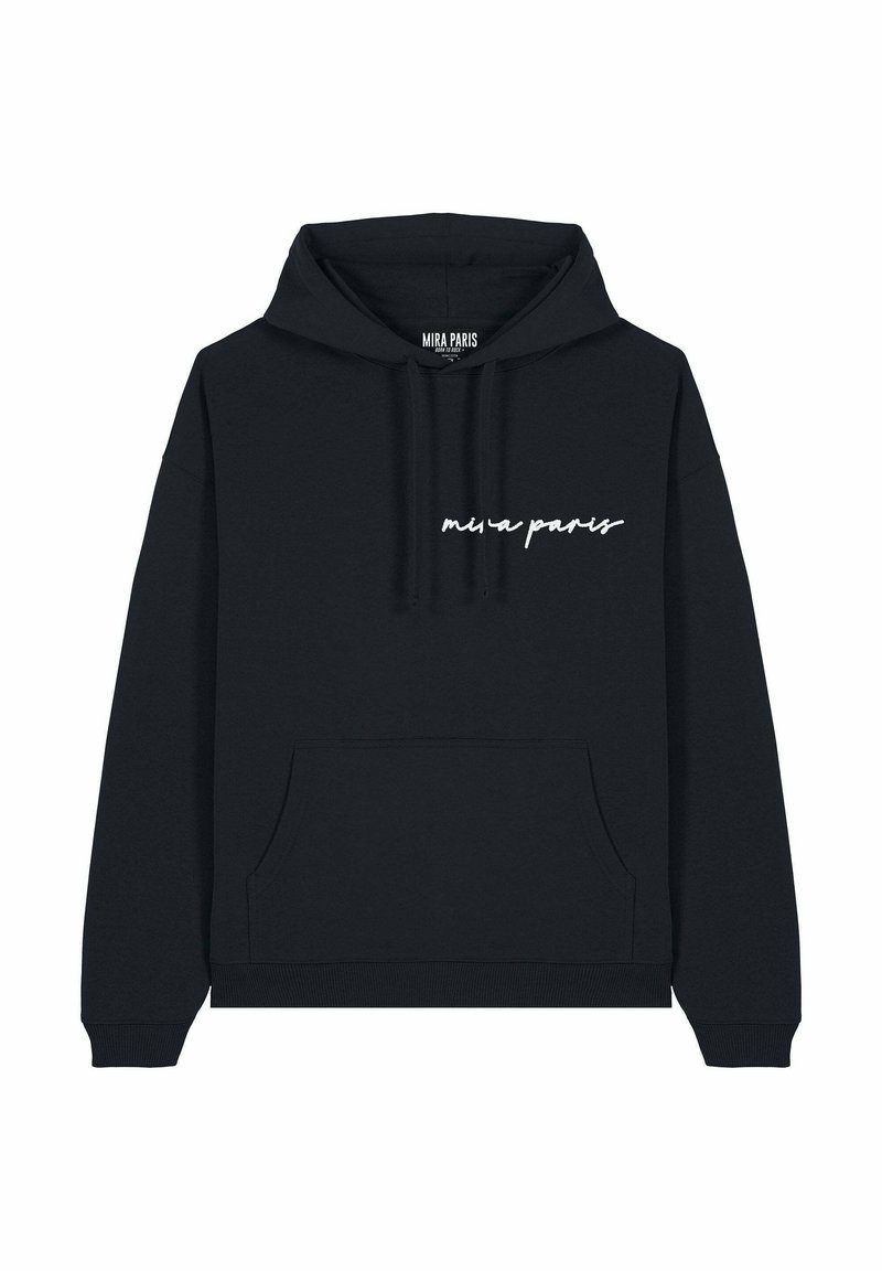 Felpa nera con grande tasca frontale, cappuccio con coulisse e logo bianco in corsivo "mira paris" sul petto. Realizzata in tessuto morbido.