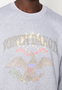 Sudadera gris con un gráfico de un águila, texto "NORTH DAKOTA" en dorado y un patrón de estrellas. Textura suave, diseño de cuello redondo.