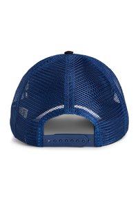 Cappello da baseball blu navy con retro in rete, fascia regolabile e visiera liscia. Dettagli in rete testurizzata e cuciture circolari sulla parte superiore.