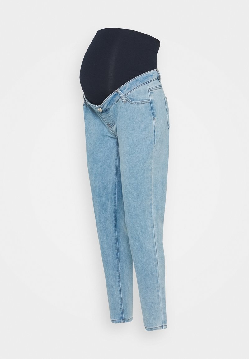 Jeans premamá con una cinturilla elástica de color azul oscuro y piernas de mezclilla azul claro, con cierre de botón y diseño clásico de cinco bolsillos.