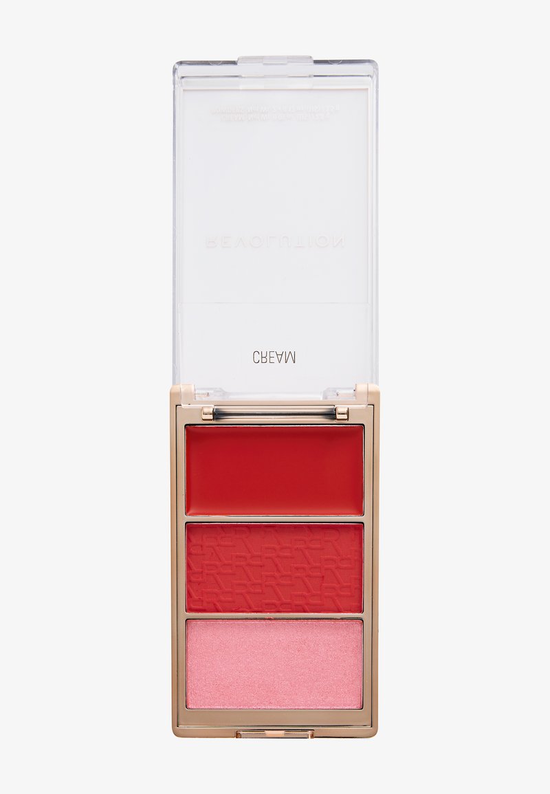 Kompakte Make-up-Palette mit drei Fächern: glänzender roter Creme, strukturierter roter Puder und schimmernder hellrosa Puder in einem goldenen Etui mit Klarsichtdeckel.