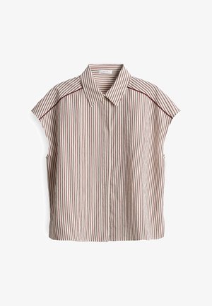 Camicia a maniche corte con colletto, base beige chiaro e strisce verticali cremisi. Presenta una vestibilità rilassata e una texture liscia.