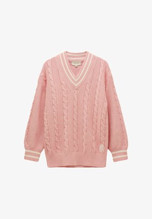 Roze kabelgebreide trui met witte gestreepte V-hals en manchetten, lange mouwen en geribde zoom.