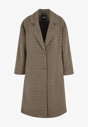 Karierter Mantel in Braun- und Beigetönen mit Hemdkragen, langen Ärmeln, zwei Fronttaschen und Knopfverschlüssen.