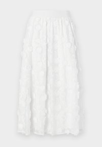 Witte knielange rok met geborduurde bloemenpatronen en gestructureerde accenten, met een elastische tailleband voor een comfortabele pasvorm.