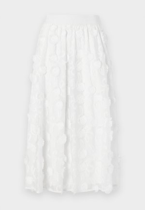 Biała spódnica sięgająca kolan z haftowanymi wzorami kwiatowymi i teksturowanymi akcentami, z elastycznym pasem dla swobodnego dopasowania.