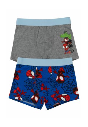 Two pairs of boys’ boxer briefs with blue waistbands; one gray with Hulk and Spider-Man graphics, the other blue with repeated Spider-Man and web patterns.