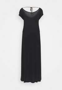 Svart maxiklänning i mjukt tyg, med V-halsringning, korta ärmar och justerbar knytning i ryggen. Slät, flödande silhuett.