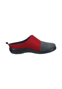 Filzclogs mit einem rot-grauen Farbblockdesign, weichem Griff, flexibler Sohle und einer schwarzen Gummisohle für Komfort und Halt.
