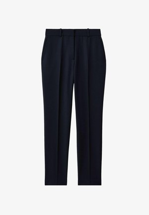 Navy tailored trousers made from a smooth fabric, featuring a flat front, two side pockets, and a slim tapered leg design.