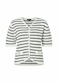 Cardigan blanc moelleux avec des rayures noires horizontales, manches courtes, en V, boutons sur le devant et deux poches avant. Texture douce.