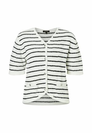 Weißer, flauschiger Cardigan mit schwarzen horizontalen Streifen, kurzen Ärmeln, V-Ausschnitt, Frontknöpfen und zwei vorderen Taschen. Weicher Textur.