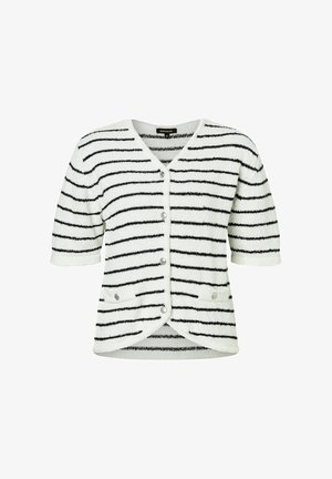 White fluffy cardigan with black horizontal stripes, short sleeves, V-neck, front buttons, and two front pockets. Soft texture.