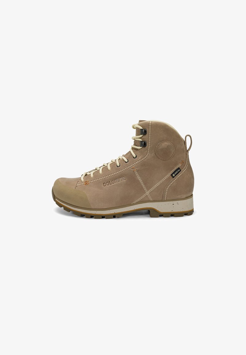 Light brown high-top hiking boot with beige laces, rubber sole, "Dolomite" logo, and GORE-TEX tag on side, viewed from outer side.