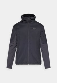 Veste pour homme en gris foncé, dotée d'une fermeture éclair à l'avant, d'un col haut, de manches longues et de poches latérales. Fabriquée en matériau lisse et léger.