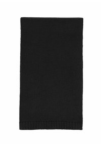 Bufanda negra de punto con textura acanalada. Presenta un dobladillo doblado y una forma rectangular, adecuada para brindar calor y confort.