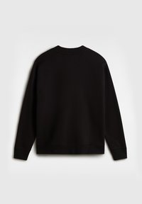 Sweat-shirt noir à manches longues avec col rond, poignets et ourlet côtelés, posé à plat montrant le dos sur un fond neutre.