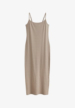 Sleeveless, ribbed midi dress in light beige. Features thin adjustable straps and a straight-cut silhouette. Smooth fabric texture throughout.