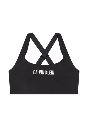 Zwarte sportbh met een crisscross rugontwerp, gemaakt van rekbaar materiaal, met het "CALVIN KLEIN" logo in het wit gedrukt aan de voorkant.