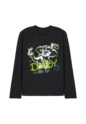 Black long-sleeve shirt with graphic of Dobby the elf from Harry Potter and green text saying "Dobby is a free elf."
