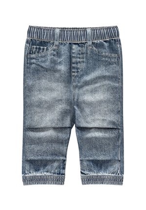 Blaue Jeans mit elastischem Bund, Vordertaschen und elastischen Bündchen, knielanger Stil, lässiges Design.