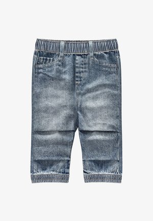 Niebieskie jeansy z elastycznym pasem, przednimi kieszeniami i elastycznymi mankietami, dł. do kolan, w stylu casual.