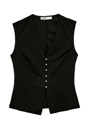 Zwarte mouwloze vest met diepe V-hals en vijf kleine zilveren knopen middenvoor, gemaakt van gladde stof.