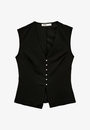 Zwarte mouwloze vest met diepe V-hals en vijf kleine zilveren knopen middenvoor, gemaakt van gladde stof.