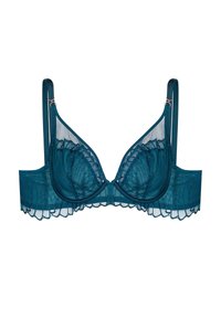 Zielony koronkowy stanik z fiszbinami, z falbaniastymi krawędziami, siateczkowymi panelami i regulowanymi ramiączkami. Szczegółowy wzór florystyczny na miseczkach.