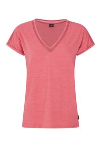 T-shirt rosa chiaro con scollatura a V, maniche corte, texture morbida e un accento in mesh traspirante lungo il colletto per un tocco di dettaglio.
