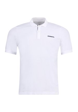 Weißes Polohemd aus strukturiertem Baumwollstoff, ausgestattet mit einer Knopfleiste mit zwei Knöpfen und einem kleinen schwarzen "ROSSIGNOL"-Logo auf der Brust. Mit kurzen Ärmeln.