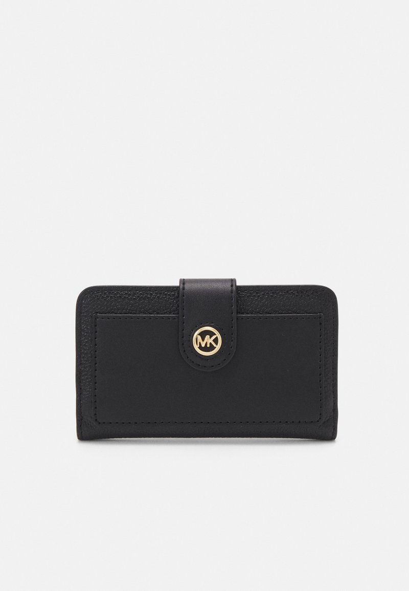 Portefeuille en cuir noir avec une fermeture à pression à l'avant présentant un emblème logo circulaire doré sur un fond uni.