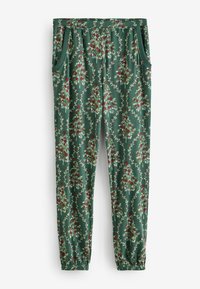 Pantaloni verzi cu model floral, având flori roșii și frunze verzi, talie elastică și buzunare laterale.
