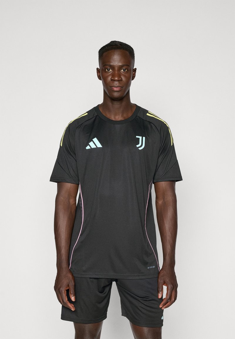 Black athletic shirt featuring short sleeves, light blue accents, and pink piping. Adidas logo and Juventus emblem on the chest.