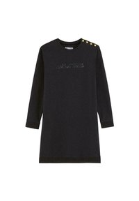Robe-sweat noire à manches longues, col rond, avec des boutons dorés décoratifs sur l'épaule. Présente un texte en relief.