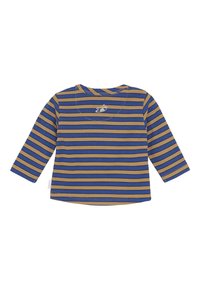 Blauw en bruin gestreept peuter T-shirt met lange mouwen, met een klein wit vogellogo nabij de kraag op de achterkant.