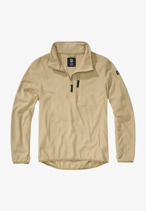 Beige fleece sweatshirt med lynlåskrave, lange ærmer og en afslappet pasform. Har et logo på venstre arm og to lynlåse foran til lommer.