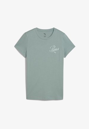 Lichtgroene korte mouwen t-shirt gemaakt van zachte stof met een ronde halslijn en een wit Puma-logo over de borst.