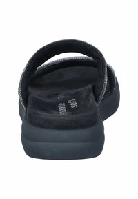 Black suede sandals with two strap design, textured accents, and sturdy rubber sole. Soft footbed visible through back view.