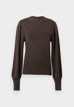 Suéter de punto marrón con un cuello alto, mangas largas abullonadas y puños acanalados. Textura suave con una silueta ajustada.