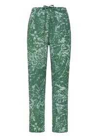 Zielone spodnie w wzory wykonane z teksturowanej tkaniny, wyposażone w ściągacz w pasie i ozdobione kwiatowym nadrukiem w jaśniejszych odcieniach.