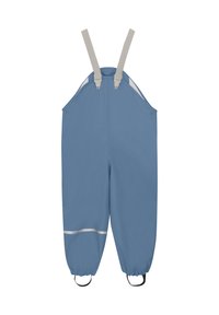 Blå vattentäta overaller med justerbara grå hängslen, elastiska ärmslut och en reflexsilverremsa i nederkant. Slät yta, avslappnad passform.