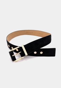 Black suede belt with a gold-tone metal buckle. Slightly textured surface, featuring round studs and a smooth leather interior.