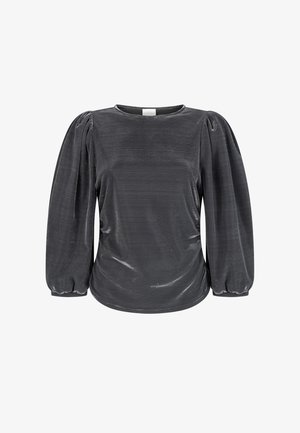 Top noir à manches longues en tissu brillant, avec un col rond et des manches bouffantes ornées de détails froncés aux épaules et aux poignets.