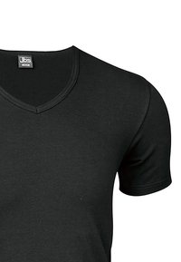 Black cotton t-shirt with a V-neck design, short sleeves, and a smooth texture, featuring a tag labeled "M" for medium size.