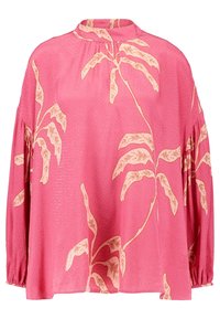 Långärmad rosa blus med puffärmar, prydd med ett botaniskt mönster i beige. Tillverkad av lätt, texturerad tyg med hög krage.