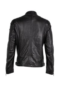 Schwarze Leder-Motorradjacke mit taillierter Passform, gesteppter Schulterakzenten und Reißverschlüssen an den Bündchen. Glatte, matte Textur.