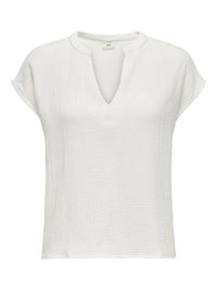 Witte, lichte blouse met een V-hals en korte kapmouwtjes. Kenmerkt zich door een getextureerde, gekreukte stof voor een casual uitstraling.